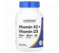 Витамин K2 + D3, Vitamin K2 + Vitamin D3, Nutricost, 120 мягких капсул