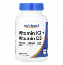 Витамин K2 + D3, Vitamin K2 + Vitamin D3, Nutricost, 120 мягких капсул