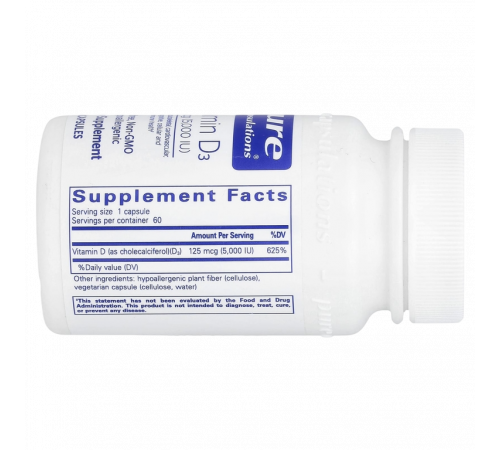 Витамин D3 5000 МЕ, Vitamin D3 5000, Pure Encapsulations, 60 капсул