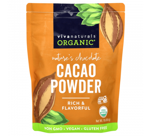 Органический порошок какао, Organic Cacao Powder, Viva Naturals, 454 г