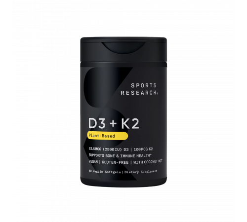 Растительный витамин D3 + K2, Vegan Vitamin D3 + K2, Sports Research, 60 растительных капсул