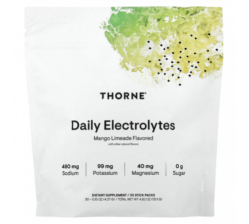Ежедневные электролиты со вкусом манго и лаймада, Daily Electrolytes, Thorne, 30 пакетиков