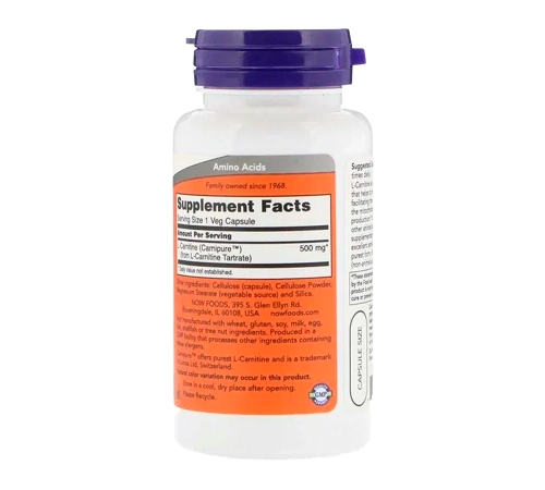 L-карнитин 500 мг, L-Carnitine 500 mg, Now Foods, 60 капсул