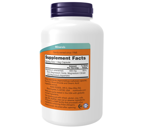 Магний 400 мг, Magnesium caps 400 mg, Now Foods, 180 капсул