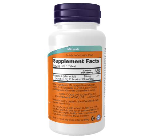 Глюконат калия 99 мг, Potassium Gluconate 99 mg, Now Foods, 100 таблеток