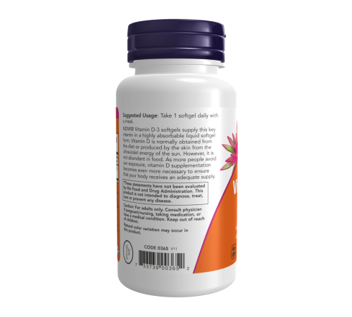 Витамин Д-3 1000 МЕ, Vitamin D-3 1000 IU, Now Foods, 180 капсул