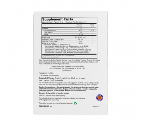 Клюква, манноза и пробиотики, Cranberry Mannose + Probiotics Packets, Now Foods, 24 пакетика по 6 г