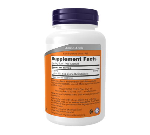 L-лизин 500 мг, L-Lysine 500 mg, Now Foods, 100 вегетарианских капсул