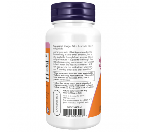 Альфа-Липоевая Кислота 100мг, Alpha Lipoic Acid, Now Foods, 60 вегетарианских капсул