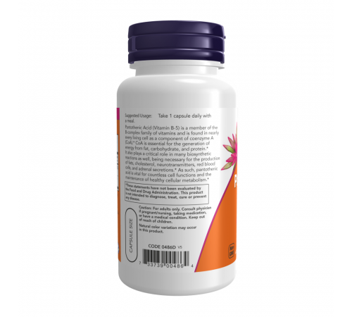 Пантотеновая кислота 500 мг (Витамин Б5), Pantothenic Acid 500 mg, Now Foods, 100 вегетарианских капсул