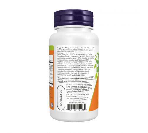 Добавка для мужского здоровья, TestoJack 200, Now Foods, 60 вегетарианских капсул