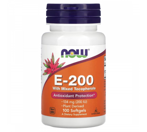 Витамин Е NOW Foods E-200 with mixed tocopherols, 100 капсул