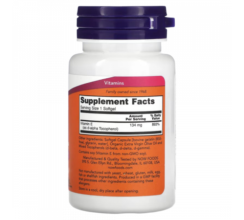Витамин Е NOW Foods E-200 with mixed tocopherols, 100 капсул