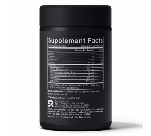 Масло антарктического криля SUPERBA с астаксантином 1000 мг, Antarctic krill oil SUPERBA 1000 mg, Sports Research, 60 капсул