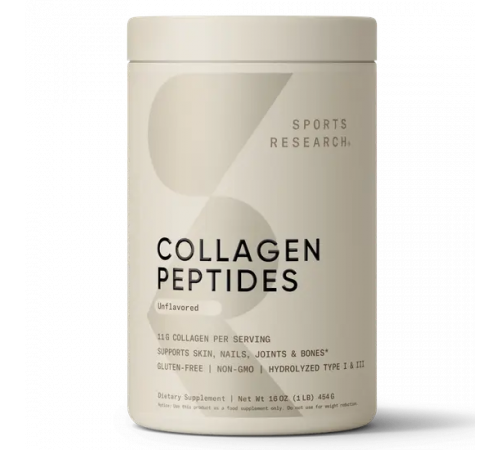 Коллаген, Collagen Peptides Unflavored, Sports Research, 454 г (16 oz)