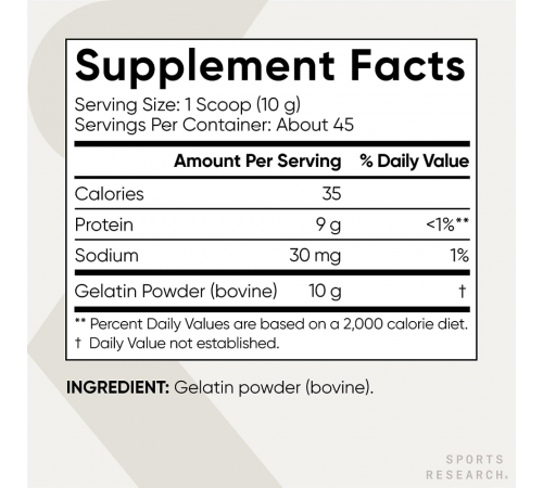 Коллаген Говяжий желатин, Gelatin Powder, Sports Research, 454 г (16 oz)