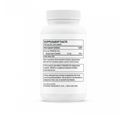 Бисглицинат цинка 15 мг, Zinc Bisglycinate 15 mg, Thorne Research, 60 капсул