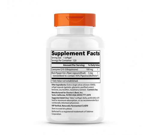 Коэнзим Q10 с высокой степенью всасывания с биоперином 100 мг, High Absorption CoQ10 with BioPerine 100 mg, Doctor's Best, 120 капсул