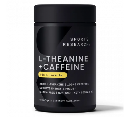 L-теанин и кофеин с маслом MCT 200 мг, L-Theanine and Caffeine, Sports Research, 60 капсул