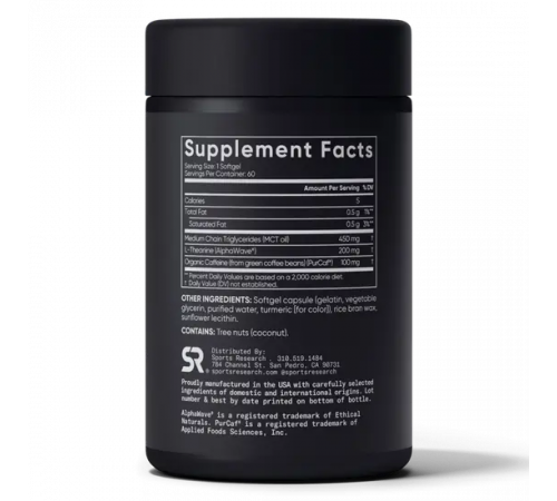 L-теанин и кофеин с маслом MCT 200 мг, L-Theanine and Caffeine, Sports Research, 60 капсул