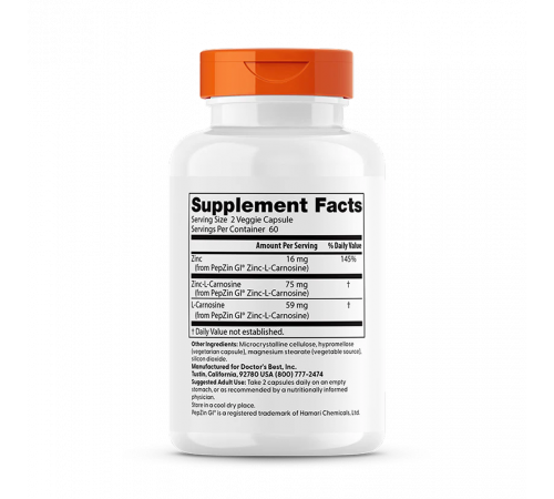 Цинк-L-карнозин, PepZin GI, Zinc-L-Carnosine Complex, Doctor's Best, 120 вегетарианских капсул