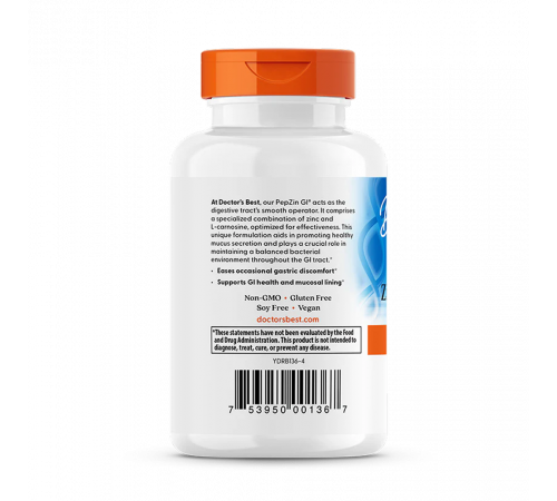Цинк-L-карнозин, PepZin GI, Zinc-L-Carnosine Complex, Doctor's Best, 120 вегетарианских капсул