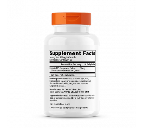 Экстракт корицы с Cinnulin PF 125 мг, Cinnamon Extract with Cinnulin PF, Doctor's Best, 60 капсул