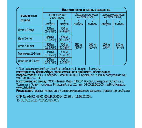 Детская Омега-3, Omega-3 Baby, Chikalab, 60 ампул