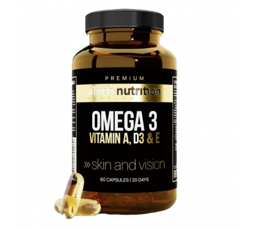 Комплекс Омега 3+ Витамины А, Д3 и Е, Omega 3+ Vitamin A, D3 & E, aTech Nutrition Premium, 60 желатиновых капсул