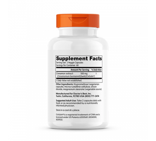 Экстракт корицы с Cinnulin PF 250 мг, Cinnamon Extract with Cinnulin PF 250 mg, Doctor's best, 120 вегетарианских капсул