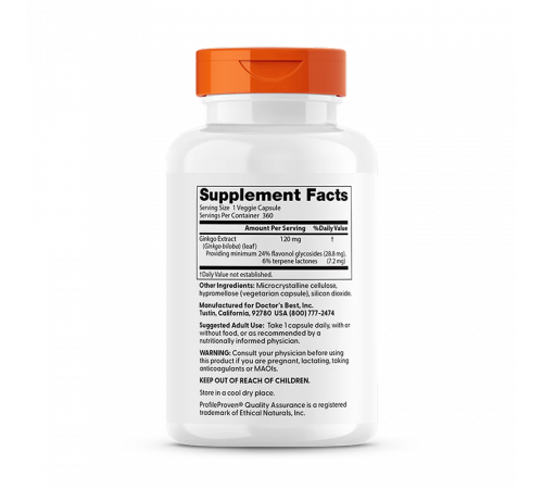 Гинкго билоба с повышенной силой действия 120 мг, Extra Strength Ginkgo 120 mg, Doctor's best, 360 вегетарианских капсул