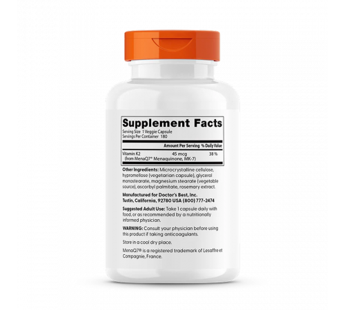 Натуральный витамин K2 MK-7 с MenaQ7 45 мкг, Natural Vitamin K2 MK-7 with MenaQ7 45 mg, Doctor's best, 180 вегетарианских капсул