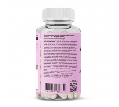 Магний Б6, Magnesium+B6, Prime Kraft, 120 вегетарианских капсул