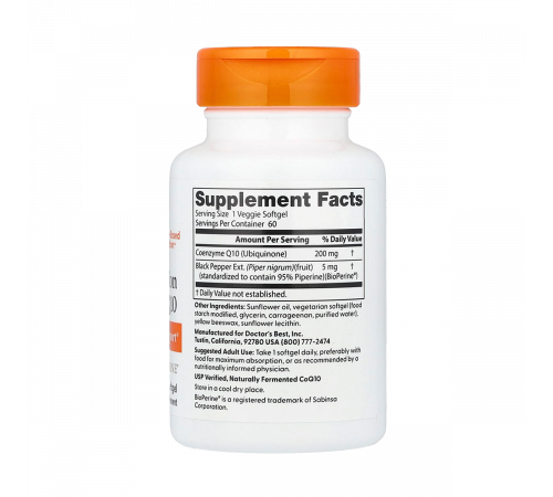Коэнзим Q10 с биоперином 200 мг, High Absorption CoQ10 with BioPerine 200 mg, Doctor's Best, 60 вегетарианских капсул