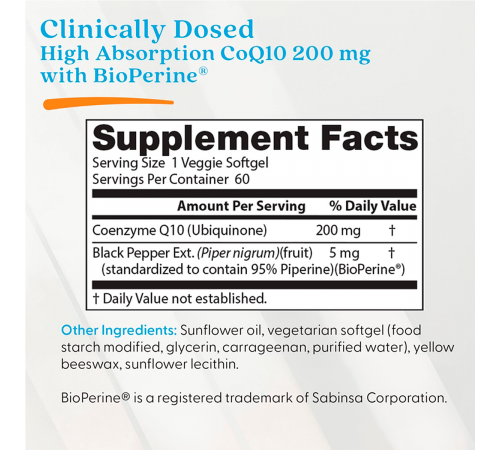 Коэнзим Q10 с биоперином 200 мг, High Absorption CoQ10 with BioPerine 200 mg, Doctor's Best, 60 вегетарианских капсул