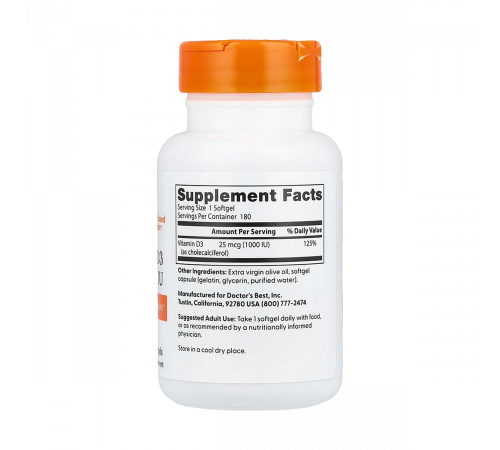 Витамин D3 1000 МЕ, Vitamin D3 1000 IU, Doctor's Best, 180 мягких капсул