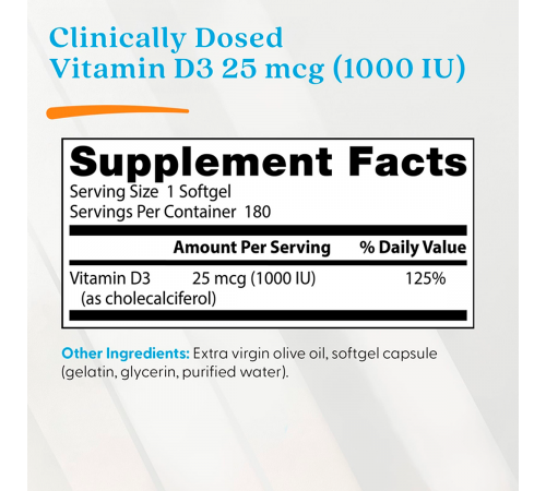 Витамин D3 1000 МЕ, Vitamin D3 1000 IU, Doctor's Best, 180 мягких капсул