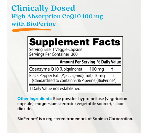 Легкоусвояемый коэнзим Q10 с BioPerine, High Absorption CoQ10 with BioPerine, Doctor's Best, 360 капсул