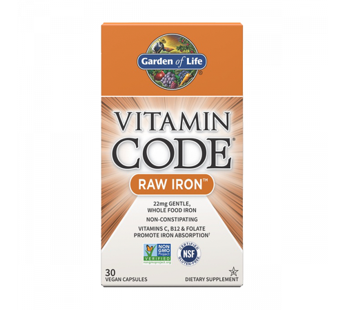 Железо, Vitamin Code Raw Iron, Garden of Life, 30 капсул