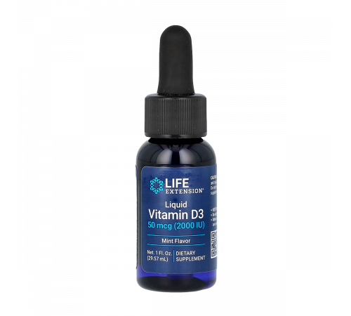 Жидкий витамин D3 со вкусом мяты, Liquid Vitamin D3 Mint Flavor, Life Extension, 29,57 мл