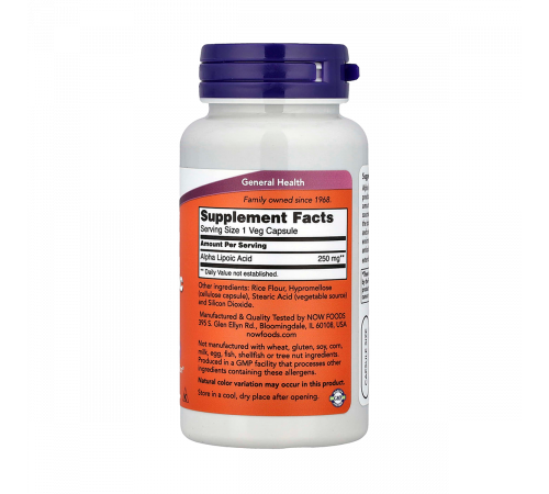 Альфа-липоевая кислота 250 мг, Alpha Lipoic Acid 250 mg, Now Foods, 60 капсул