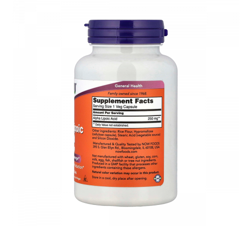 Альфа-липоевая кислота 250 мг, Alpha Lipoic Acid 250 mg, Now Foods, 120 капсул