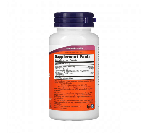 Альфа-липоевая кислота 600 мг, Alpha Lipoic Acid, Now Foods, 60 капсул