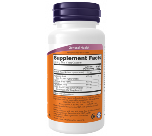 Гиалуроновая кислота 100 мг, Hyaluronic Acid 100 mg, Now Foods, 60 капсул