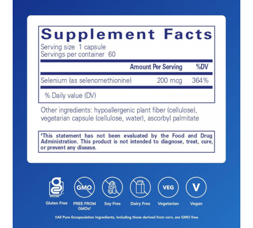 Селен, Selenium, Pure Encapsulations, 60 капсул