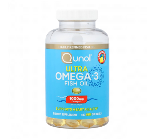 Ультра омега-3 рыбий жир со вкусом лимона, Ultra Omega-3 Fish Oil, Qunol, 180 мини-капсул