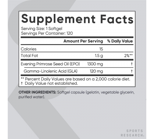 Масло примулы вечерней 1300 мг, Evening Primrose Oil 1300 mg, Sports Research, 120 капсул