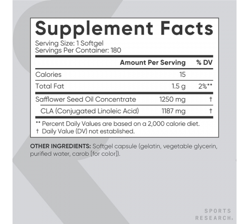 Конъюгированная линолевая кислота (КЛК) 95% 1250 мг, CLA 95% 1250 mg, Sports Research, 180 капсул