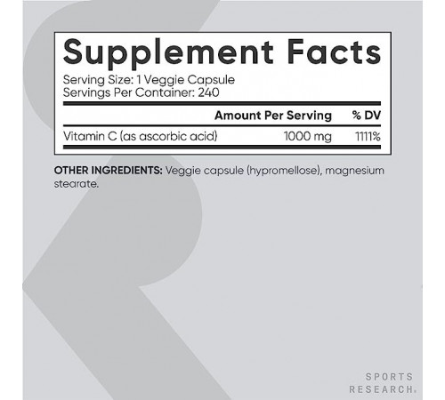Витамин С 1000 мг, Vitamin C 1000 mg, Sports Research, 240 капсул