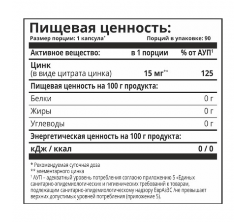 Цитрат Цинка, Zinc Citrate, 1Win, 90 капсул